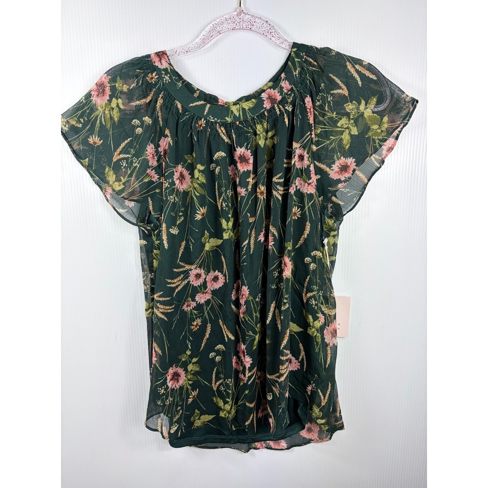 LC Lauren Conrad Top Womens Small Green Floral Sheer Flutter Sleeve Blouse Chic - Picture 6 of 8